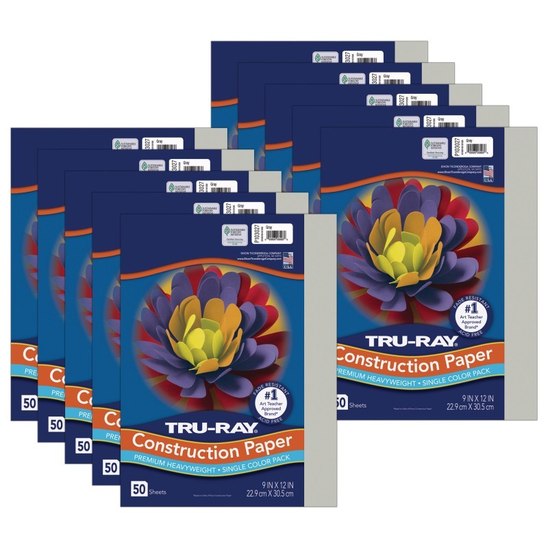 Tru-Ray® Construction Paper, Heavyweight, Gray, 9" x 12", 50 Sheets Per Pack, 10 Packs