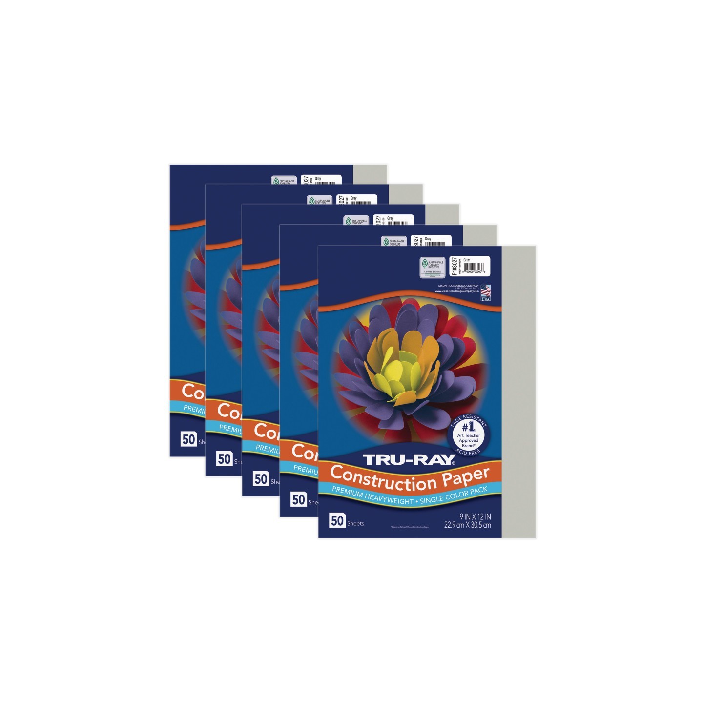 Tru-Ray® Construction Paper, Heavyweight, Gray, 9" x 12", 50 Sheets Per Pack, 5 Packs