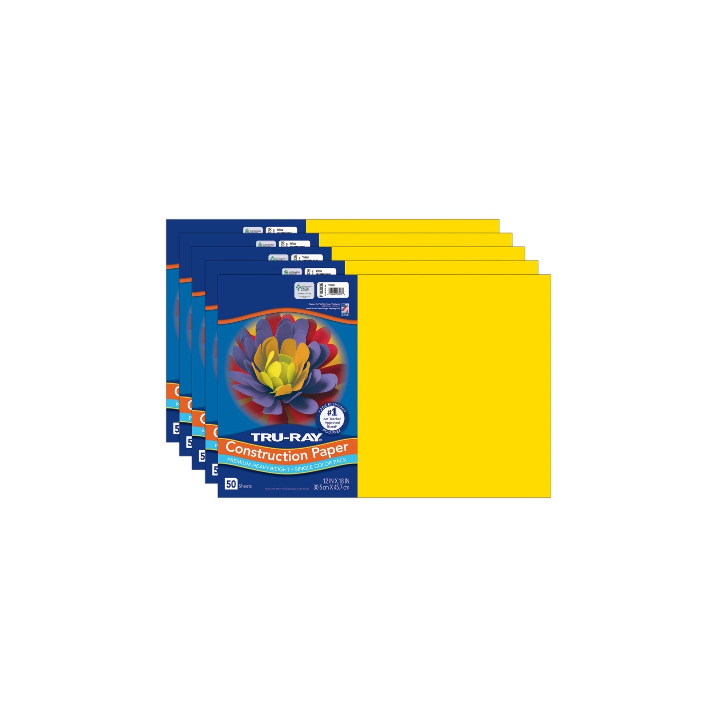Tru-Ray® Construction Paper, Heavyweight, Yellow, 12" x 18", 50 Sheets Per Pack, 5 Packs