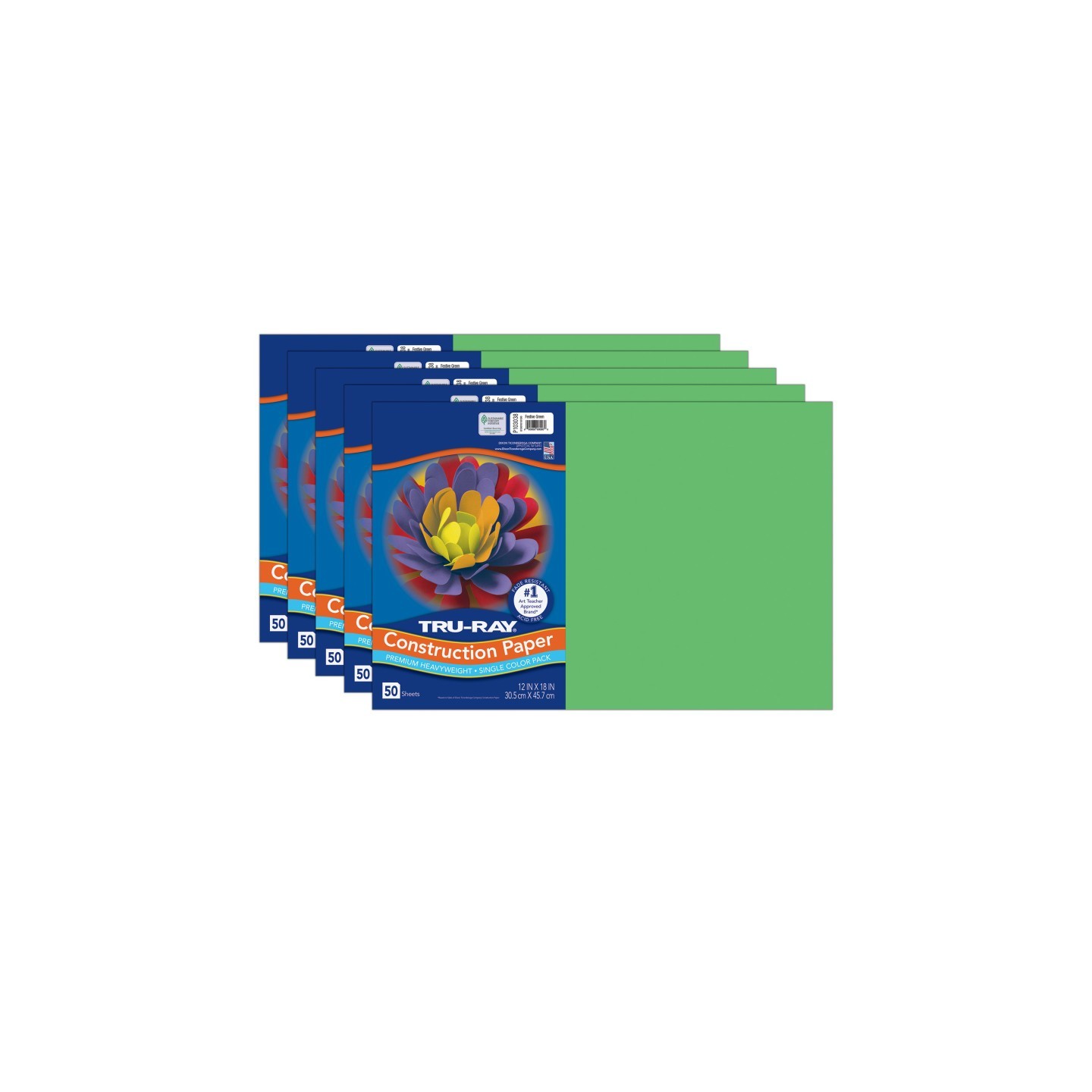 Tru-Ray® Construction Paper, Heavyweight, Festive Green, 12" x 18", 50 Sheets Per Pack, 5 Packs