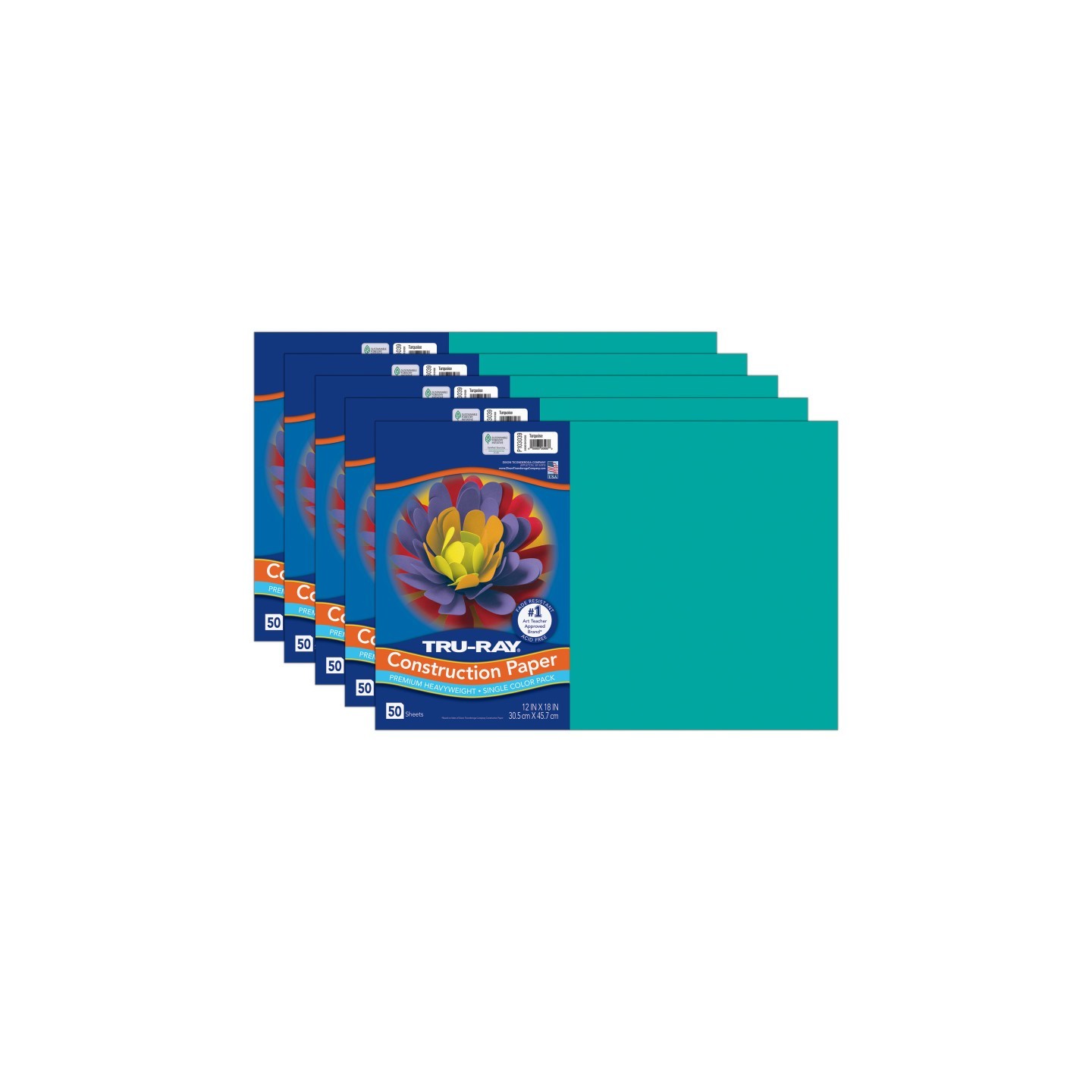 Tru-Ray® Construction Paper, Heavyweight, Turquoise, 12" x 18", 50 Sheets Per Pack, 5 Packs