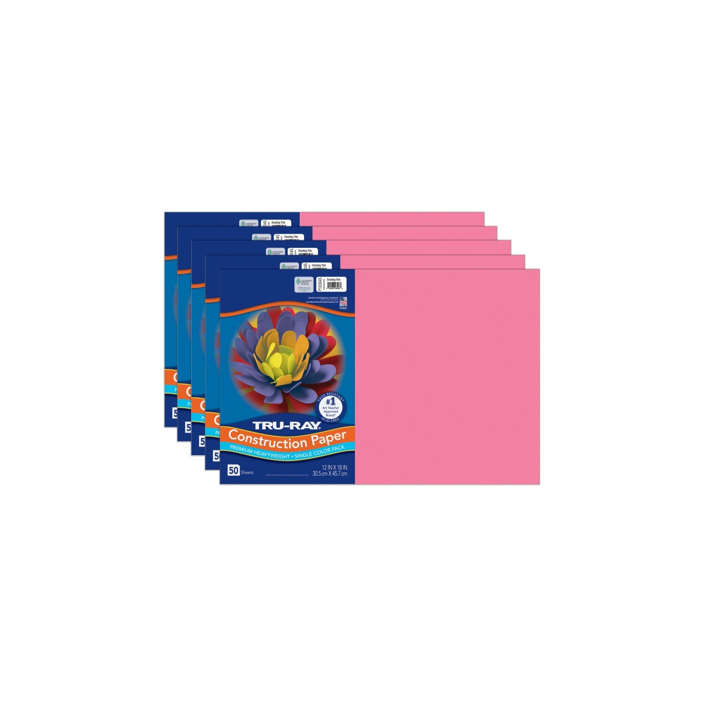 Tru-Ray® Construction Paper, Heavyweight, Shocking Pink, 12" x 18", 50 Sheets Per Pack, 5 Packs