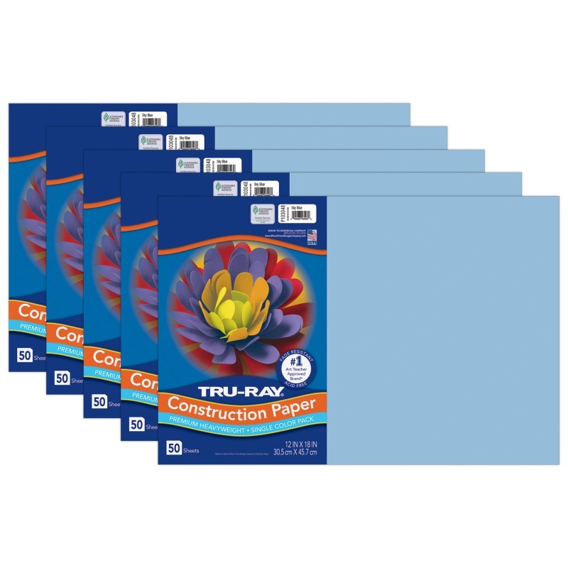 Tru-Ray® Construction Paper, Heavyweight, Sky Blue, 12" x 18", 50 Sheets Per Pack, 5 Packs