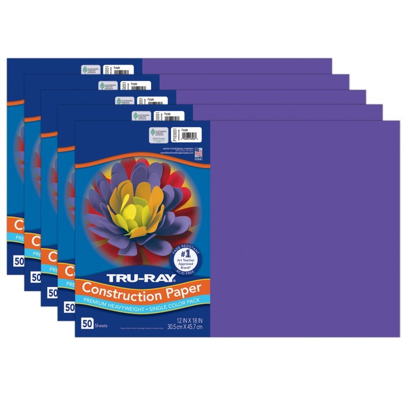 Tru-Ray® Construction Paper, Heavyweight, Purple, 12" x 18", 50 Sheets Per Pack, 5 Packs