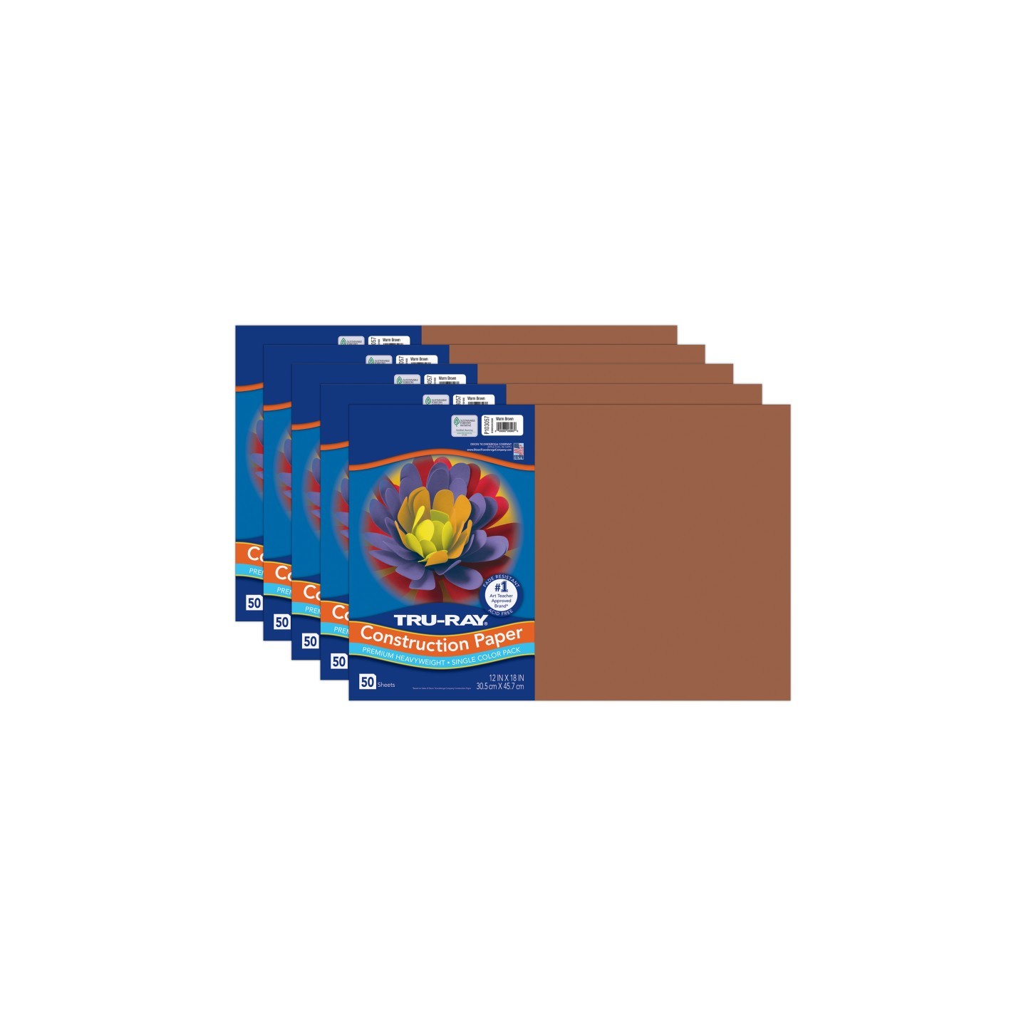 Tru-Ray® Construction Paper, Heavyweight, Warm Brown, 12" x 18", 50 Sheets Per Pack, 5 Packs