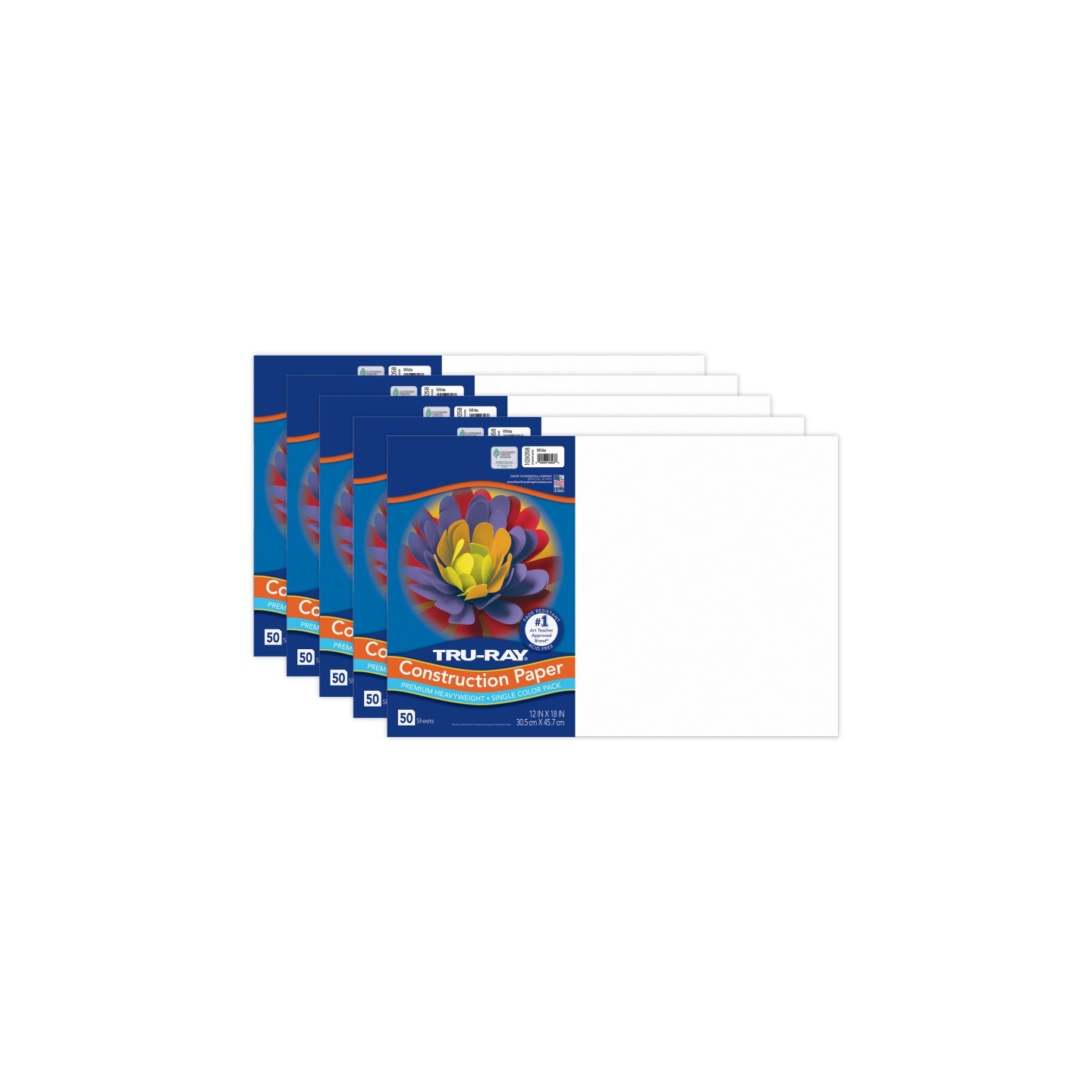 Tru-Ray® Construction Paper, Heavyweight, White, 12" x 18", 50 Sheets Per Pack, 5 Packs