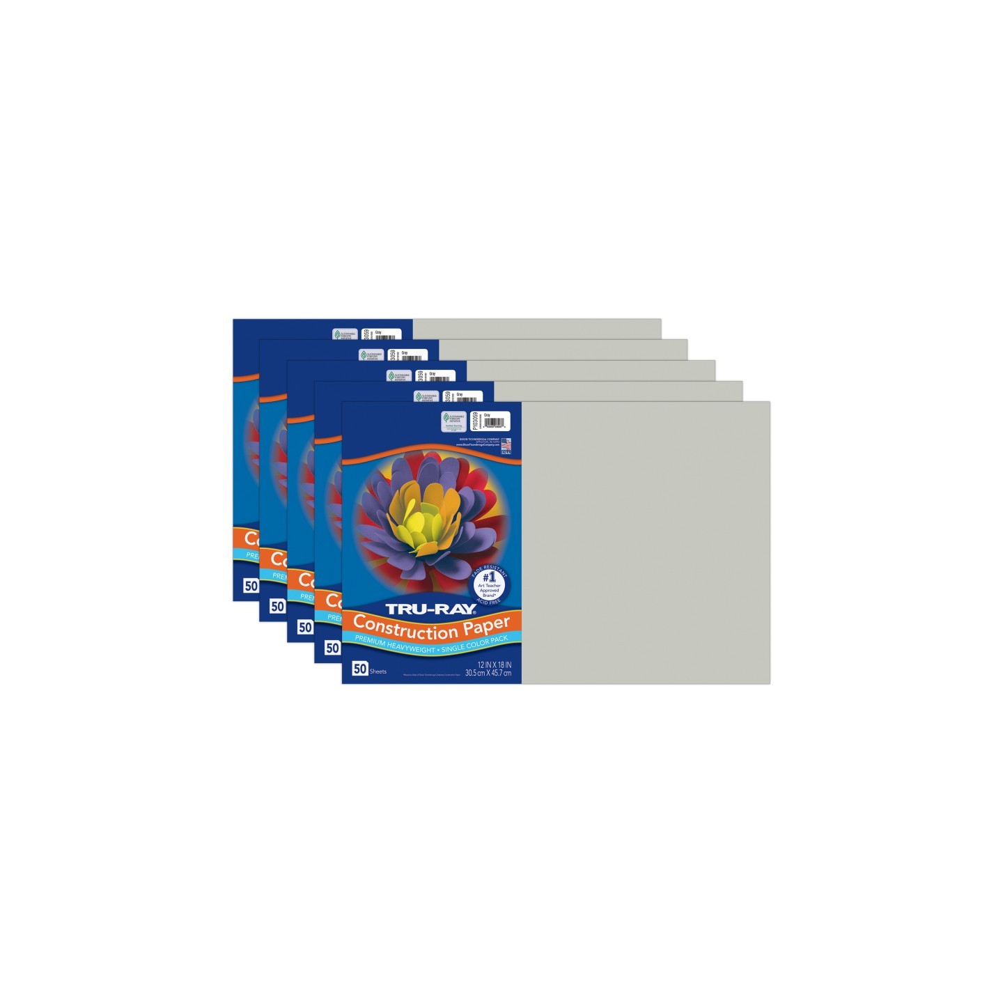 Tru-Ray® Construction Paper, Heavyweight, Gray, 12" x 18", 50 Sheets Per Pack, 5 Packs