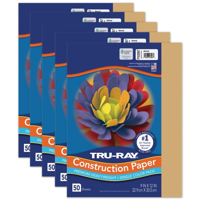Tru-Ray® Construction Paper, Heavyweight, Almond, 9" x 12", 50 Sheets Per Pack, 5 Packs