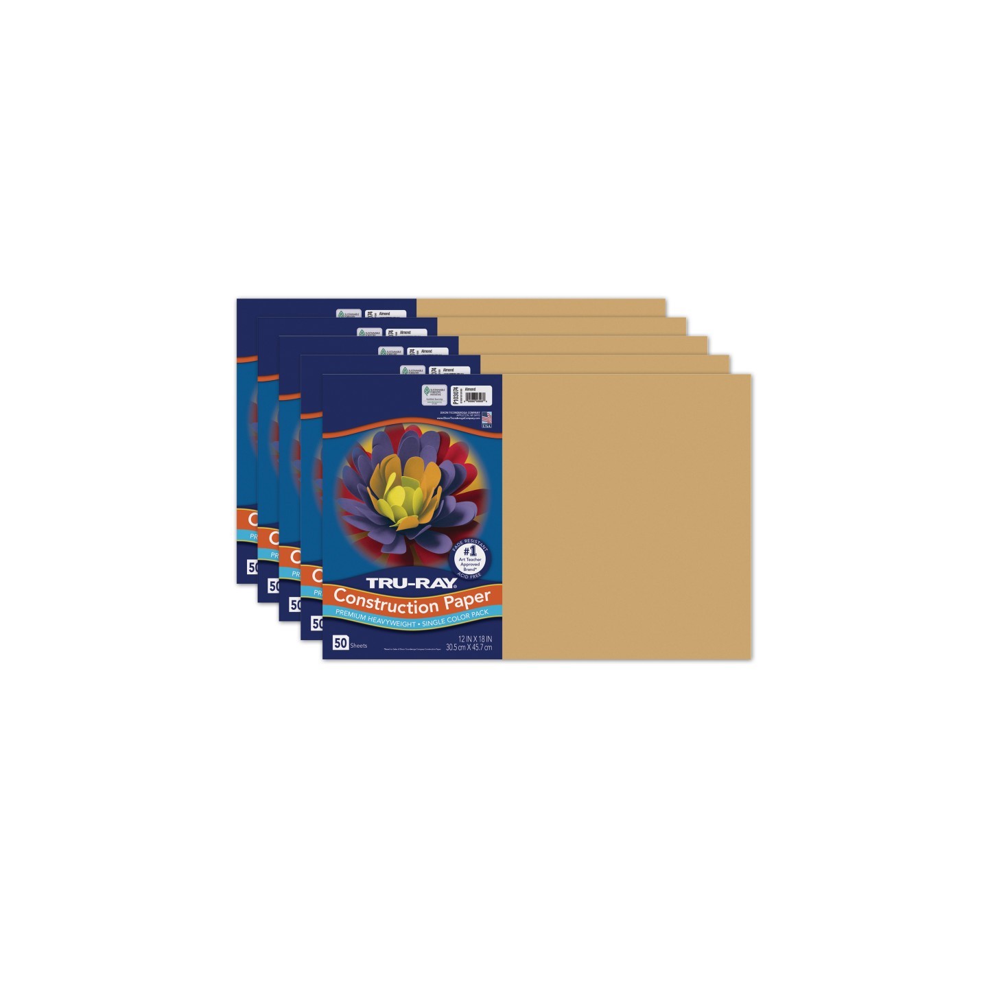 Tru-Ray® Construction Paper, Heavyweight, Almond, 12" x 18", 50 Sheets Per Pack, 5 Packs