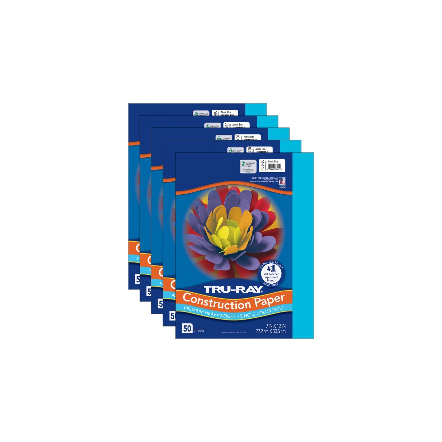 Tru-Ray® Construction Paper, Heavyweight, Atomic Blue, 9" x 12", 50 Sheets Per Pack, 5 Packs