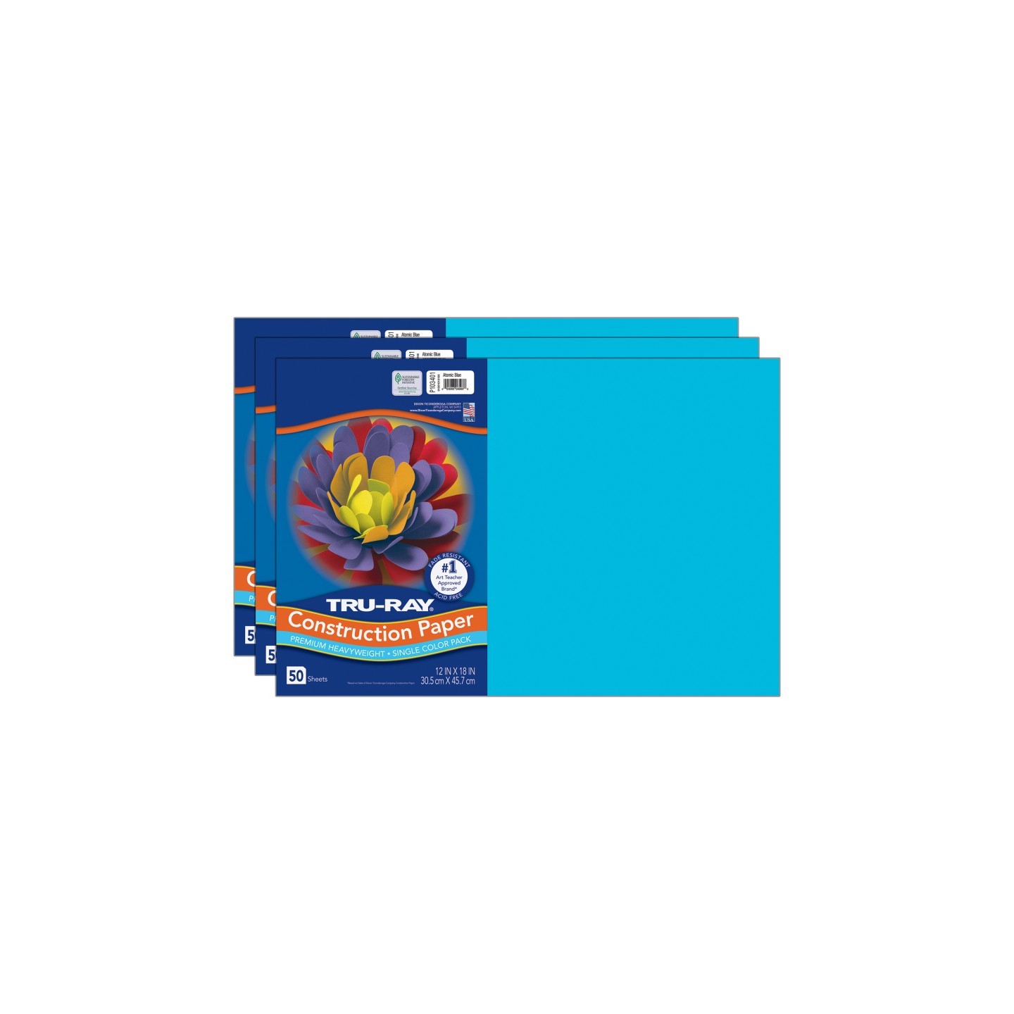 Tru-Ray® Construction Paper, Heavyweight, Atomic Blue, 12" x 18", 50 Sheets Per Pack, 3 Packs