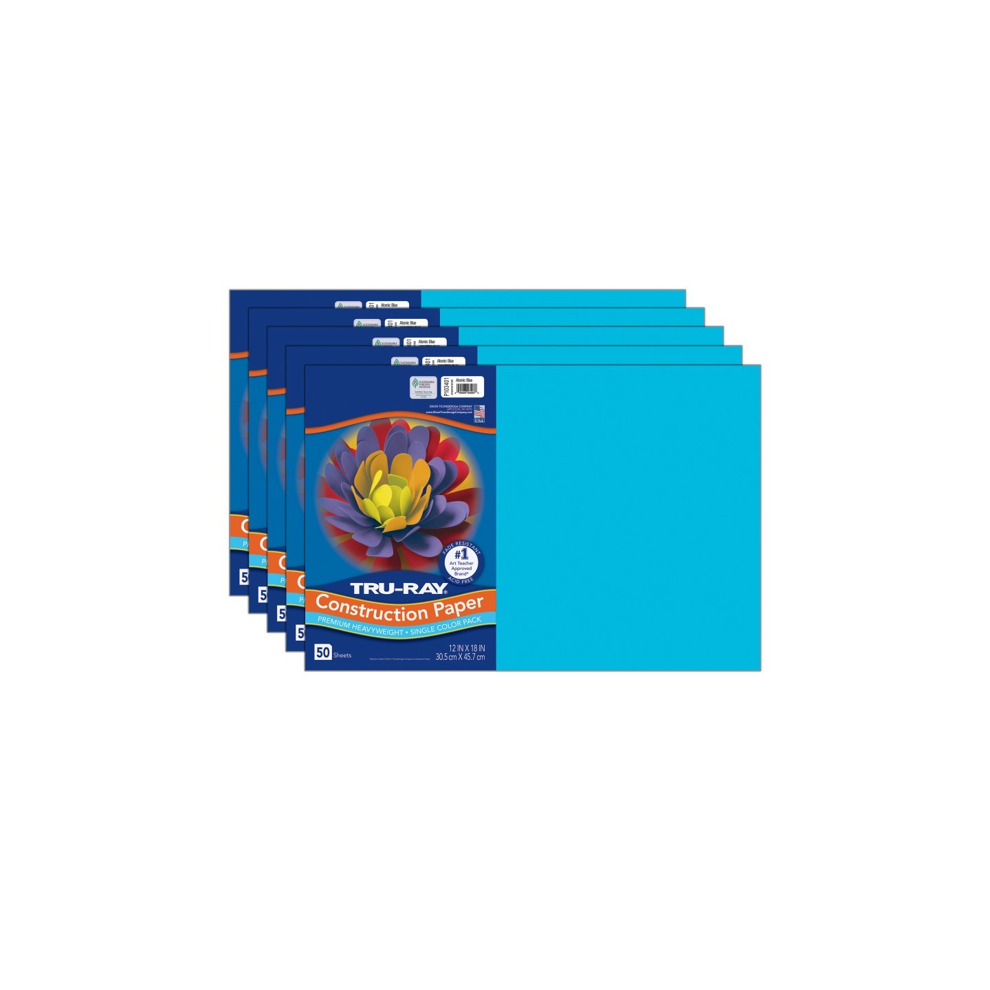 Tru-Ray® Construction Paper, Heavyweight, Atomic Blue, 12" x 18", 50 Sheets Per Pack, 5 Packs
