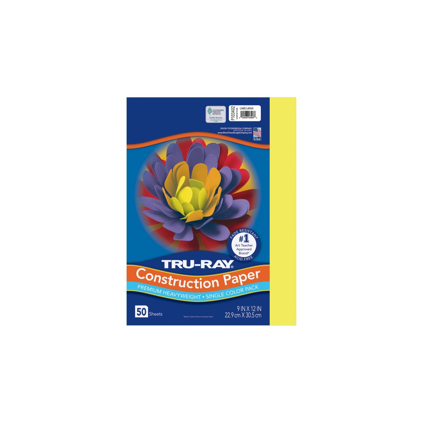 Tru-Ray® Construction Paper, Heavyweight, Lively Lemon, 9" x 12", 50 Sheets