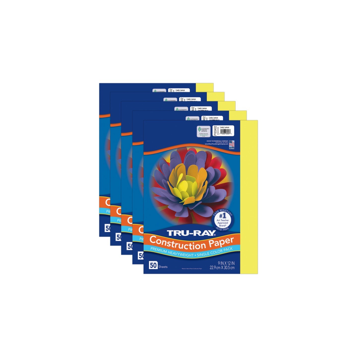 Tru-Ray® Construction Paper, Heavyweight, Lively Lemon, 9" x 12", 50 Sheets Per Pack, 5 Packs