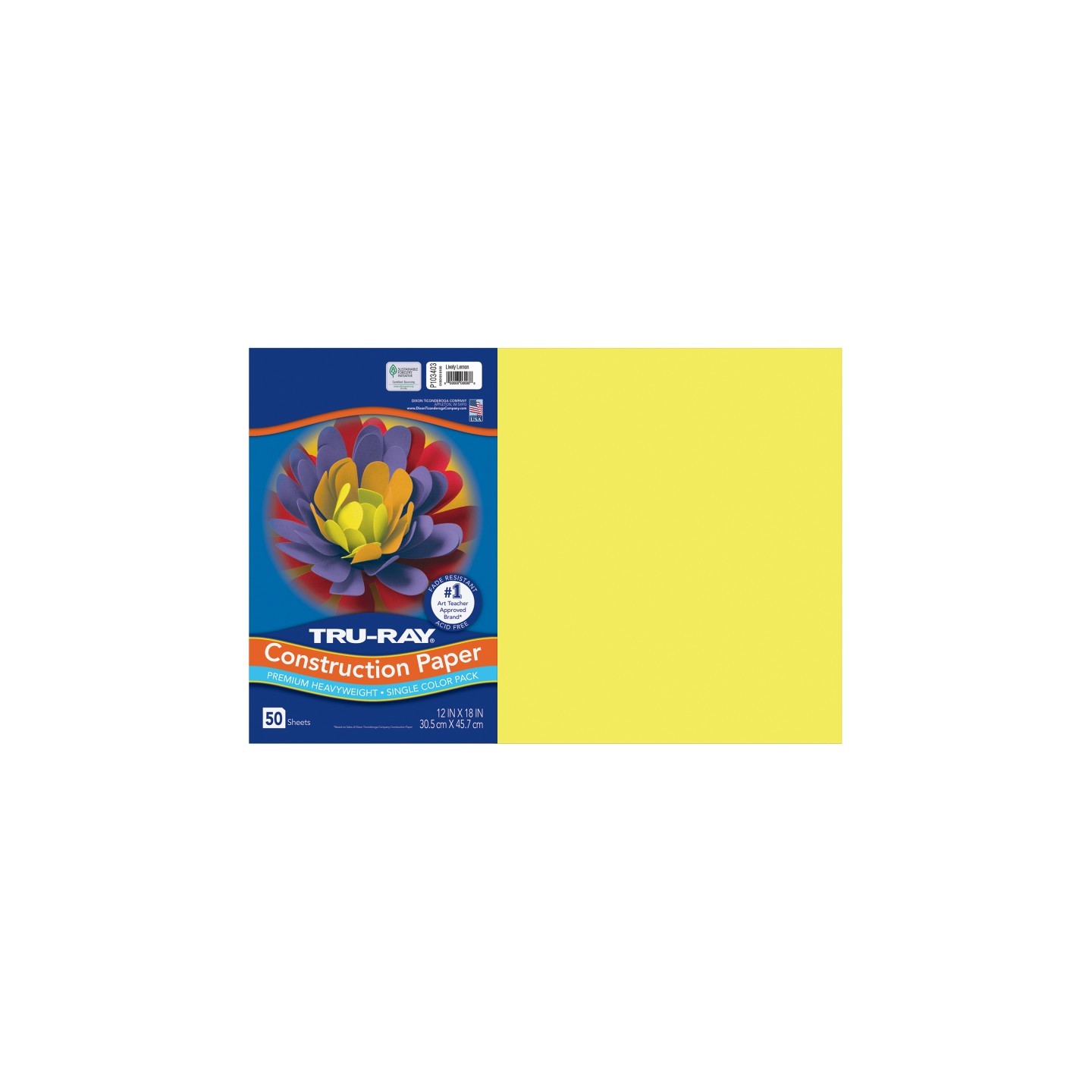 Tru-Ray® Construction Paper, Heavyweight, Lively Lemon, 12" x 18", 50 Sheets