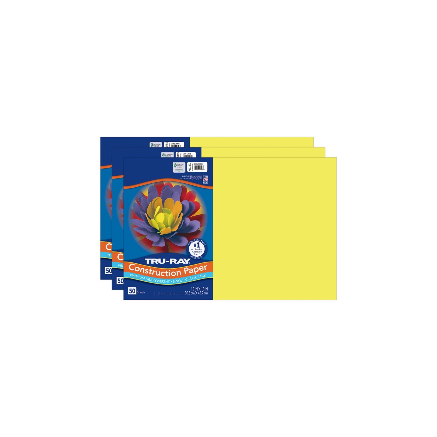 Tru-Ray® Construction Paper, Heavyweight, Lively Lemon, 12" x 18", 50 Sheets Per Pack, 3 Packs