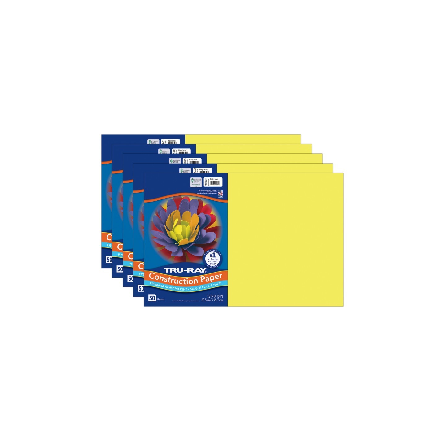 Tru-Ray® Construction Paper, Heavyweight, Lively Lemon, 12" x 18", 50 Sheets Per Pack, 5 Packs