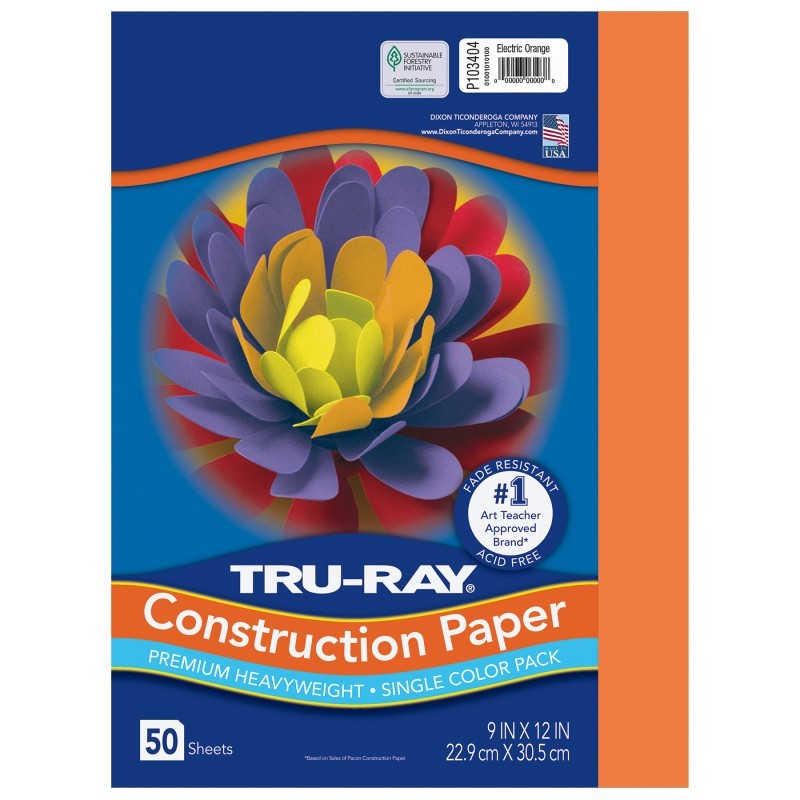 Tru-Ray® Construction Paper, Heavyweight, Electric Orange, 9" x 12", 50 Sheets