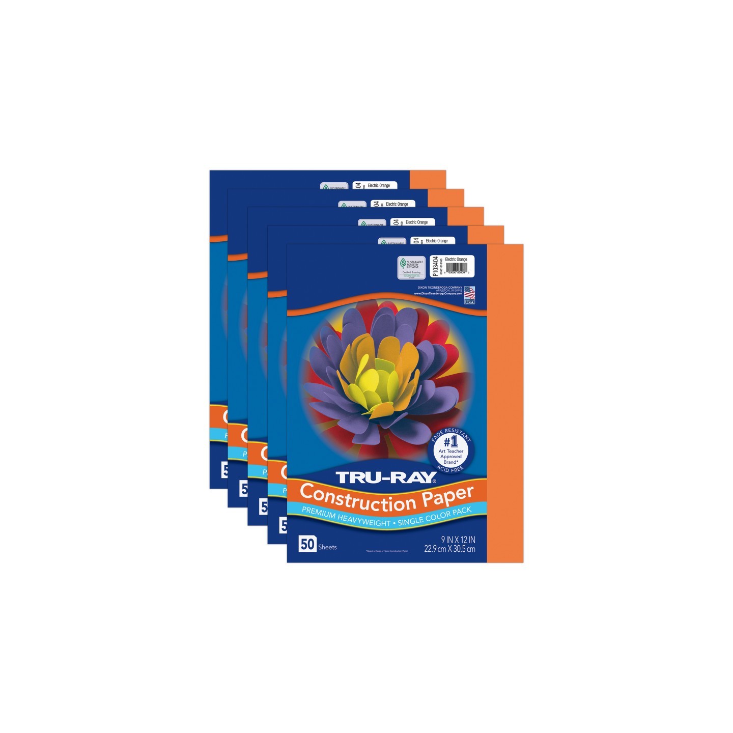 Tru-Ray® Construction Paper, Heavyweight, Electric Orange, 9" x 12", 50 Sheets Per Pack, 5 Packs