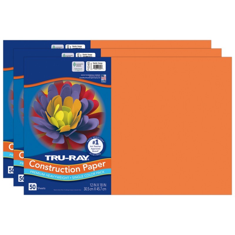 Tru-Ray® Construction Paper, Heavyweight, Electric Orange, 12" x 18", 50 Sheets Per Pack, 3 Packs