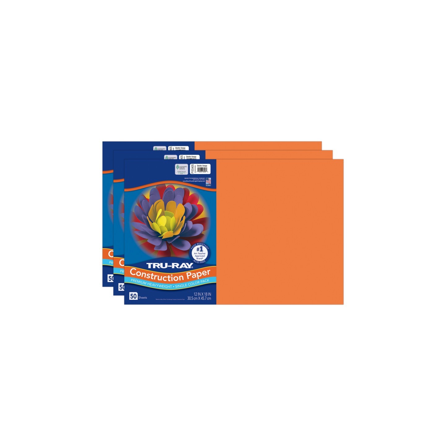 Tru-Ray® Construction Paper, Heavyweight, Electric Orange, 12" x 18", 50 Sheets Per Pack, 3 Packs