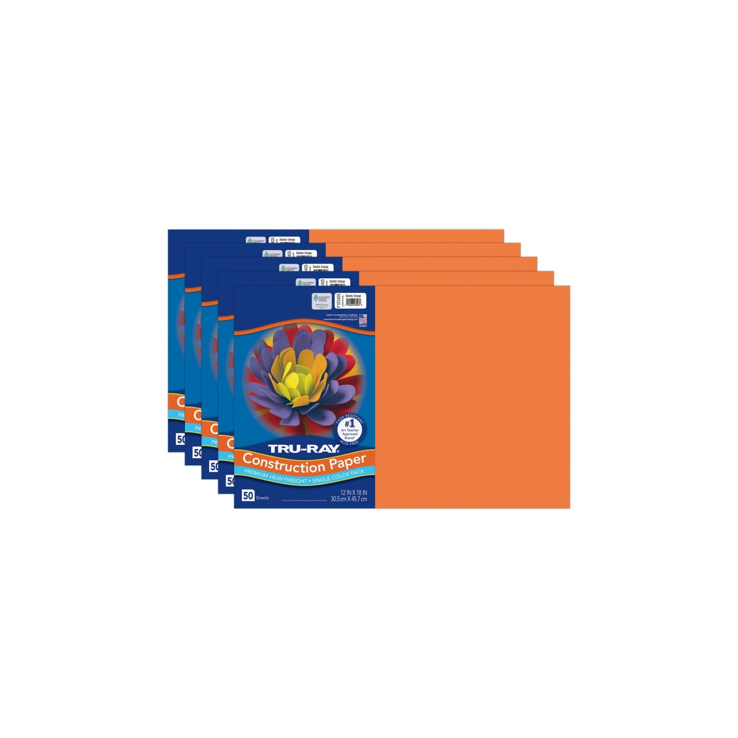 Tru-Ray® Construction Paper, Heavyweight, Electric Orange, 12" x 18", 50 Sheets Per Pack, 5 Packs