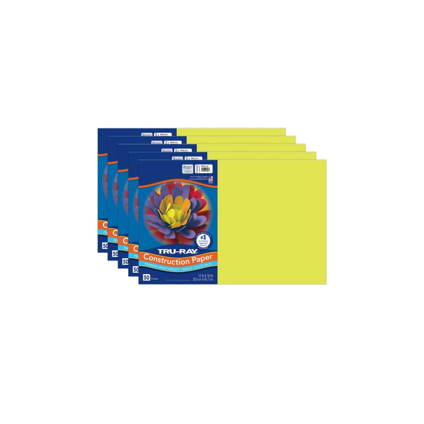 Tru-Ray® Construction Paper, Heavyweight, Brilliant Lime, 12" x 18", 50 Sheets Per Pack, 5 Packs