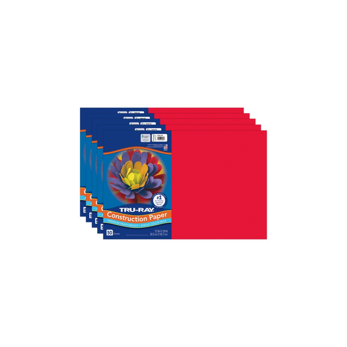 Tru-Ray® Construction Paper, Heavyweight, Festive Red, 12" x 18", 50 Sheets Per Pack, 5 Packs