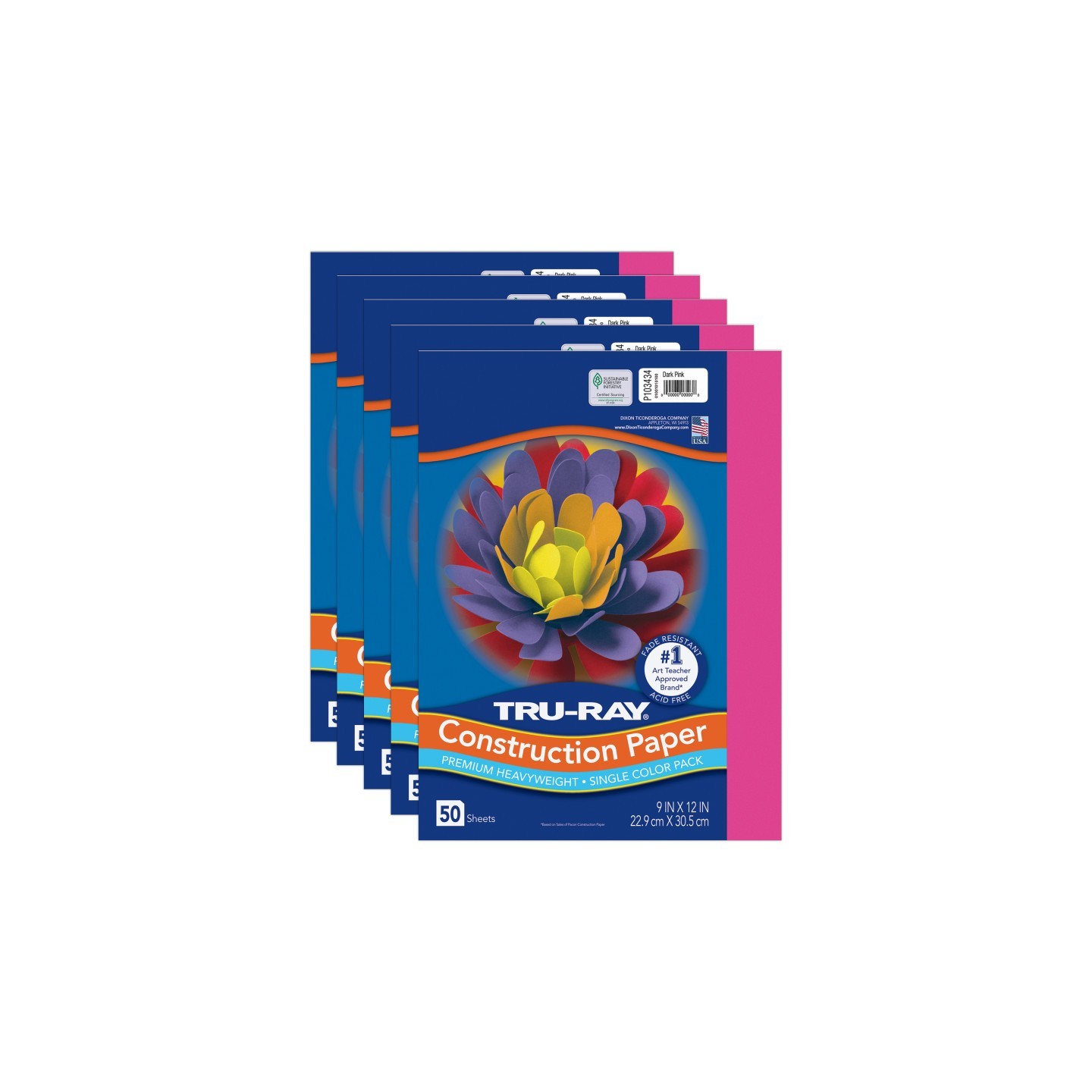 Tru-Ray® Construction Paper, Heavyweight, Dark Pink, 9" x 12", 50 Sheets Per Pack, 5 Packs