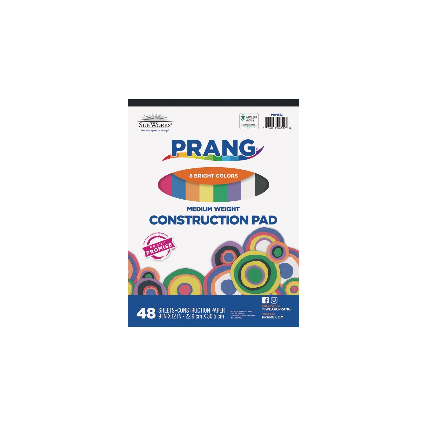 Prang® Construction Paper Pad, Medium Weight, 8 Assorted Colors, 9" x 12", 48 Sheets