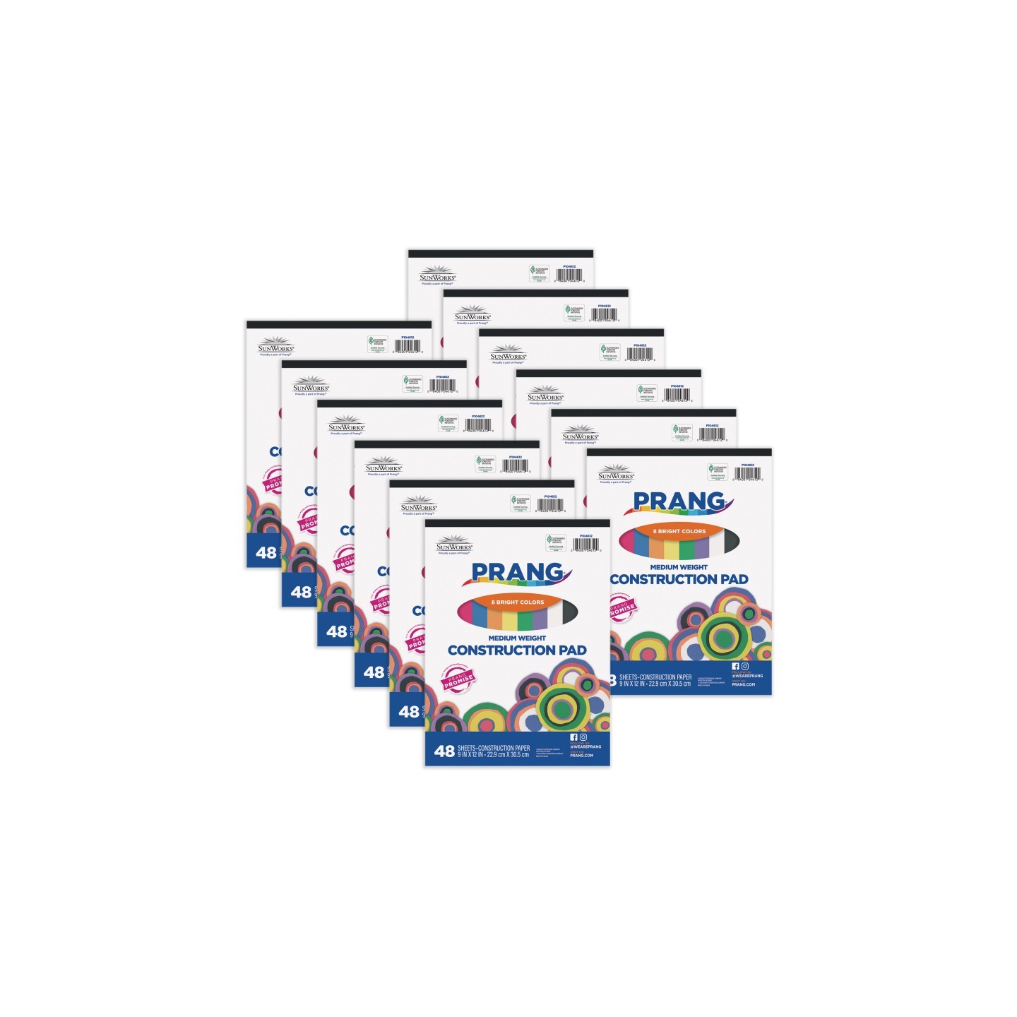 Prang® Construction Paper Pad, Medium Weight, 8 Assorted Colors, 9" x 12", 48 Sheets, Pack of 12
