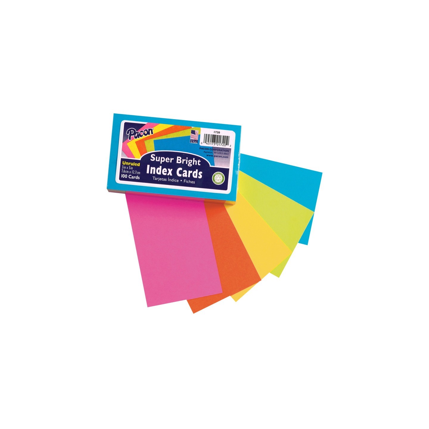 Pacon® Index Cards, 5 Super Bright Assorted Colors, Unruled, 3" x 5", 100 Cards