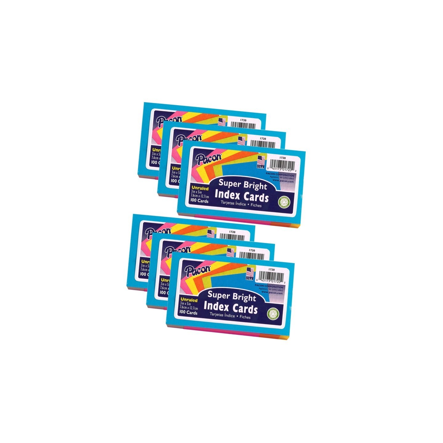 Pacon® Index Cards, 5 Super Bright Assorted Colors, Unruled, 3" x 5", 100 Cards Per Pack, 6 Packs