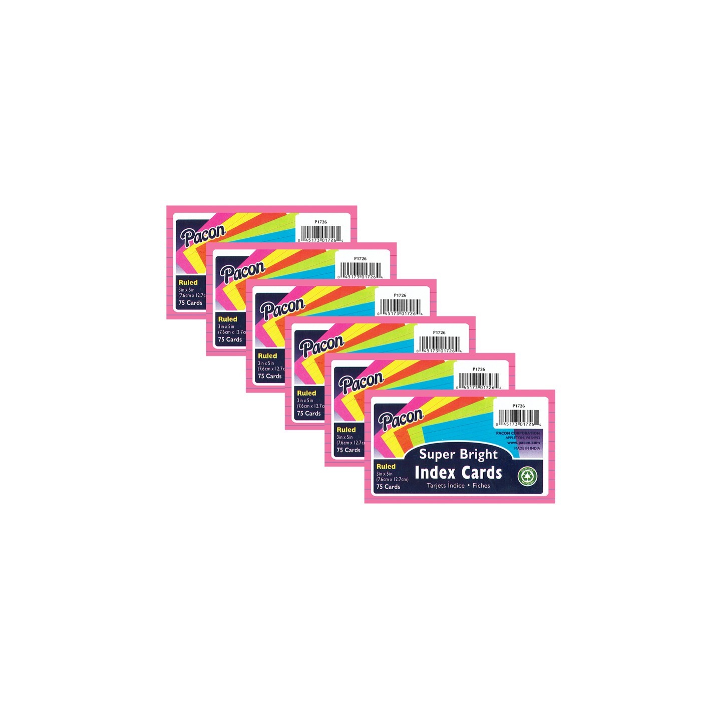 Pacon® Index Cards, 5 Super Bright Assorted Colors, 0.25" Ruled, 3" x 5", 75 Cards Per Pack, 6 Packs