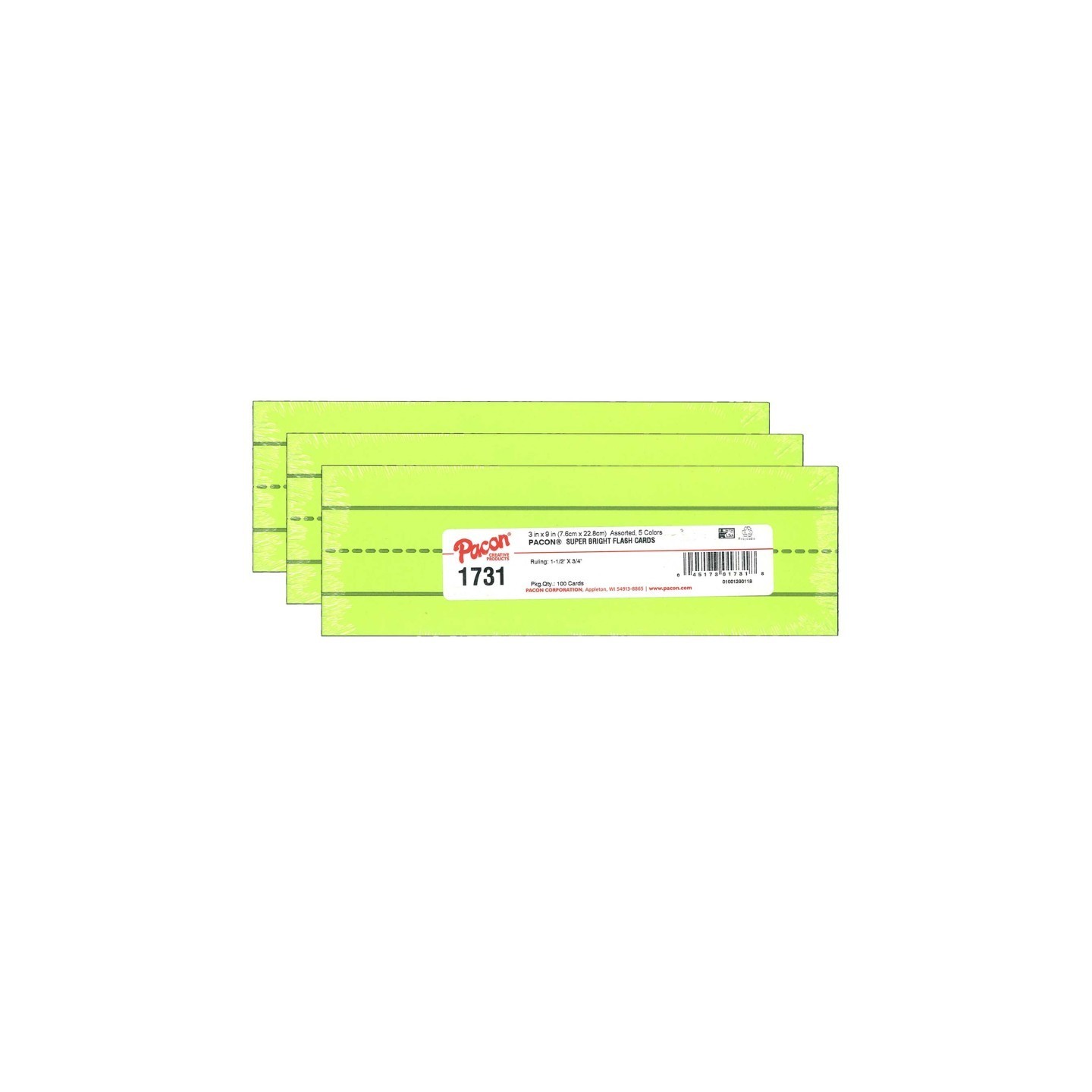 Pacon® Super Bright Flash Cards, 5 Assorted Colors, 1.5" x 0.75" Ruled 3" x 9", 100 Cards Per Pack, 3 Packs