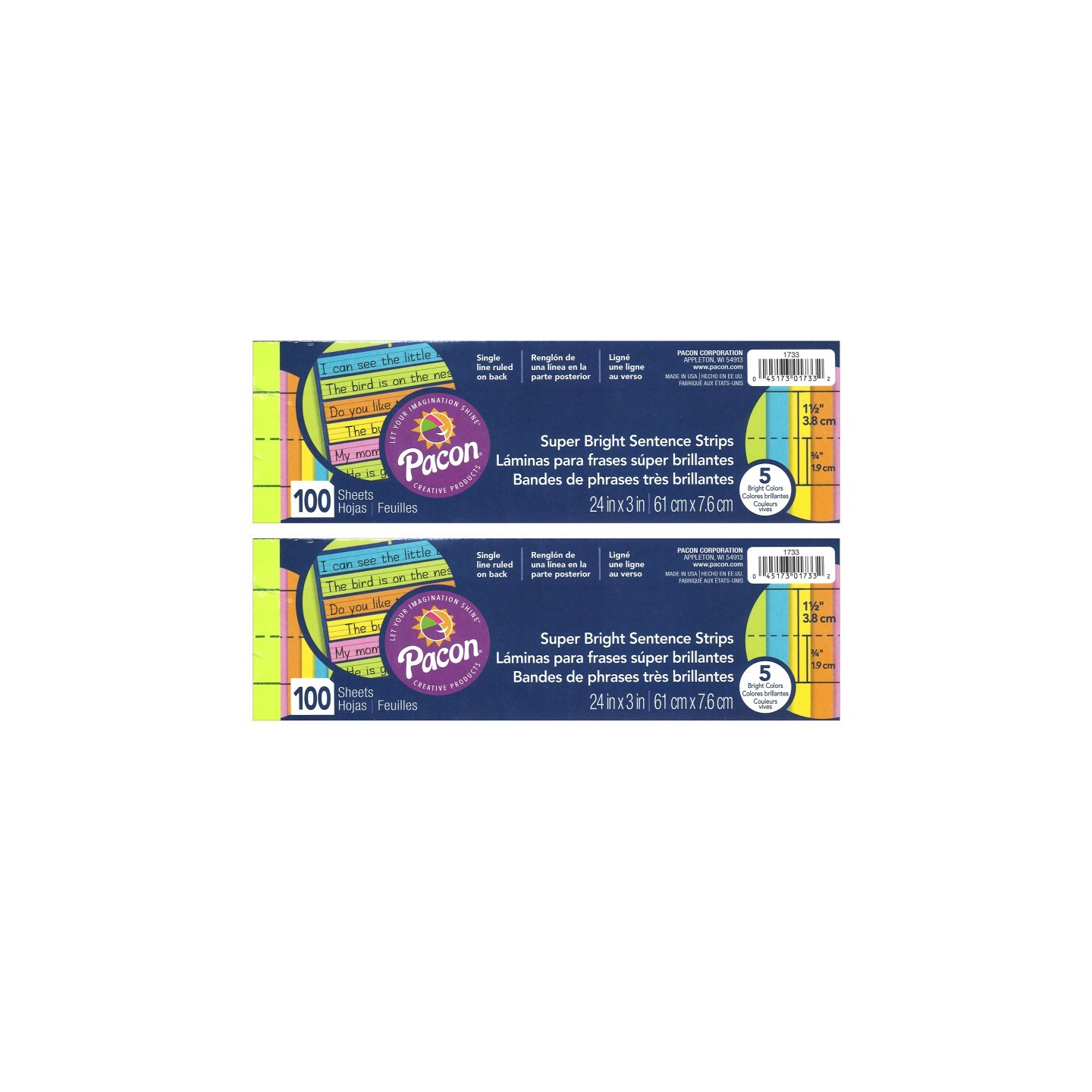 Pacon® Sentence Strips, Assorted 5 Colors, 1-1/2" Ruled 3" x 24", 100 Strips Per Pack, 2 Packs