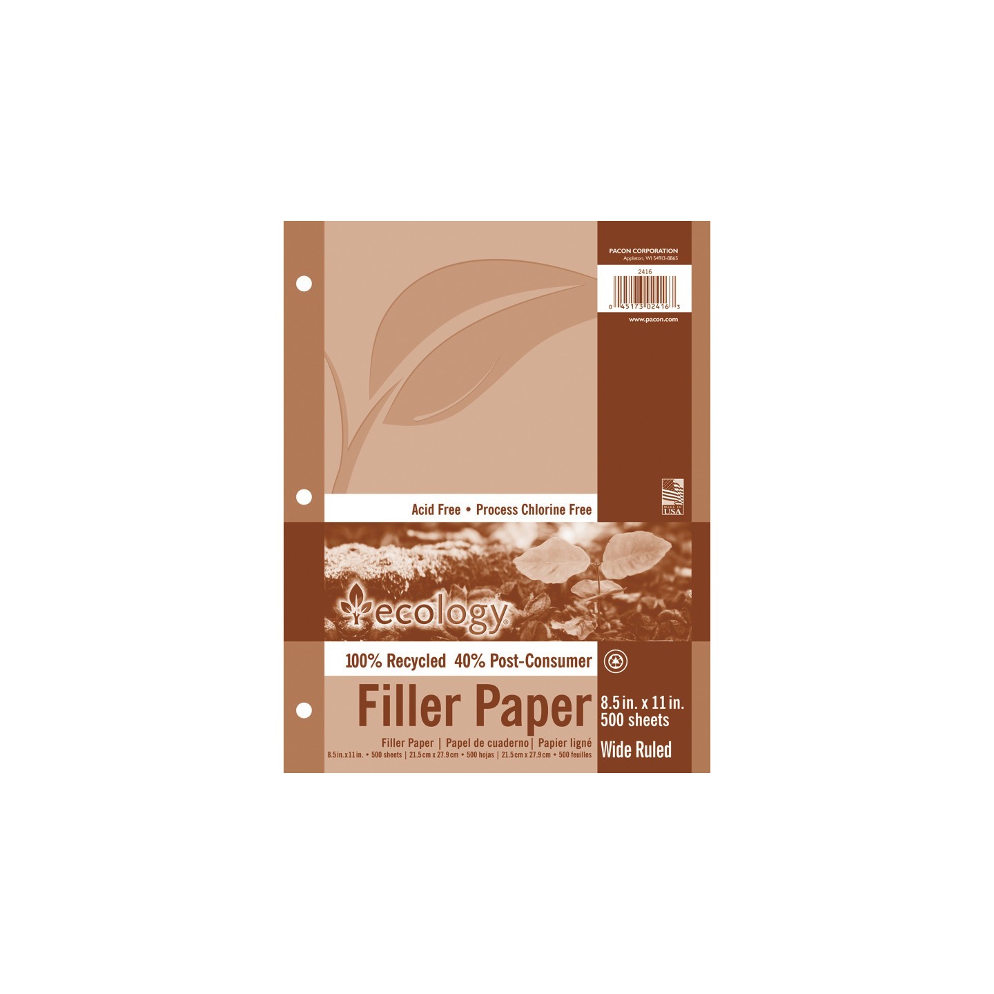 Ecology® Recycled Filler Paper, White, 3-Hole Punched, 3/8" Ruled w/ Margin 8-1/2" x 11", 500 Sheets