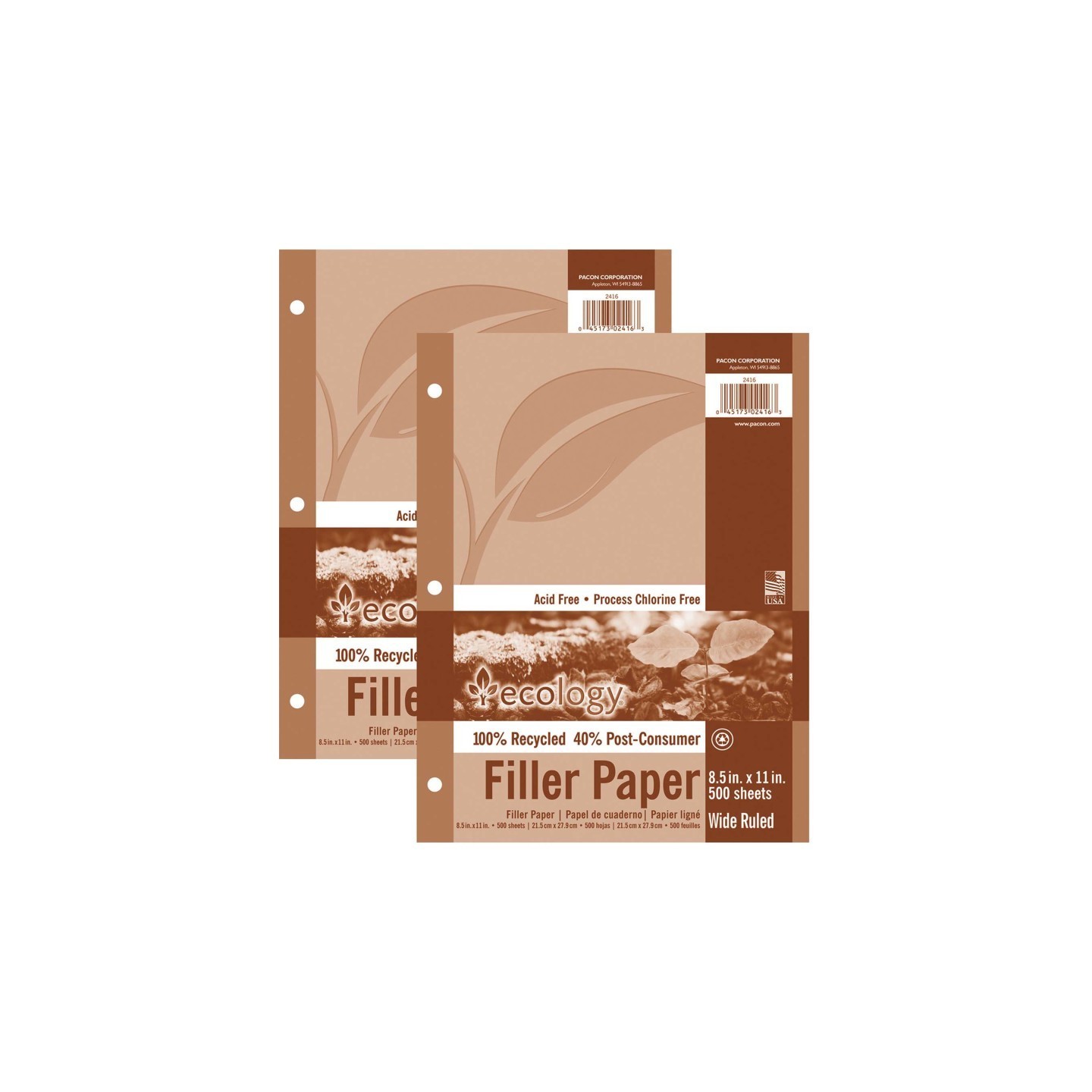 Ecology® Recycled Filler Paper, White, 3-Hole Punched, 3/8" Ruled w/ Margin 8-1/2" x 11", 500 Sheets Per Pack, 2 Packs
