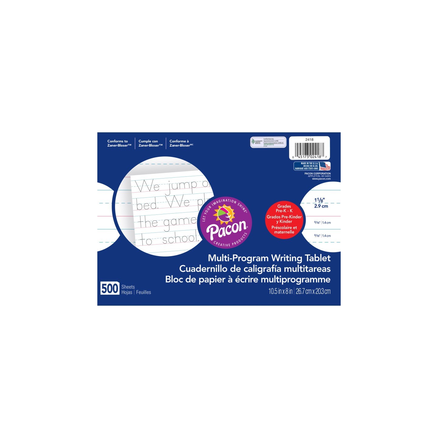 Pacon® Multi-Program Handwriting Paper, 1-1/8" Ruled (Long Way), White, 10-1/2" x 8", 500 Sheets