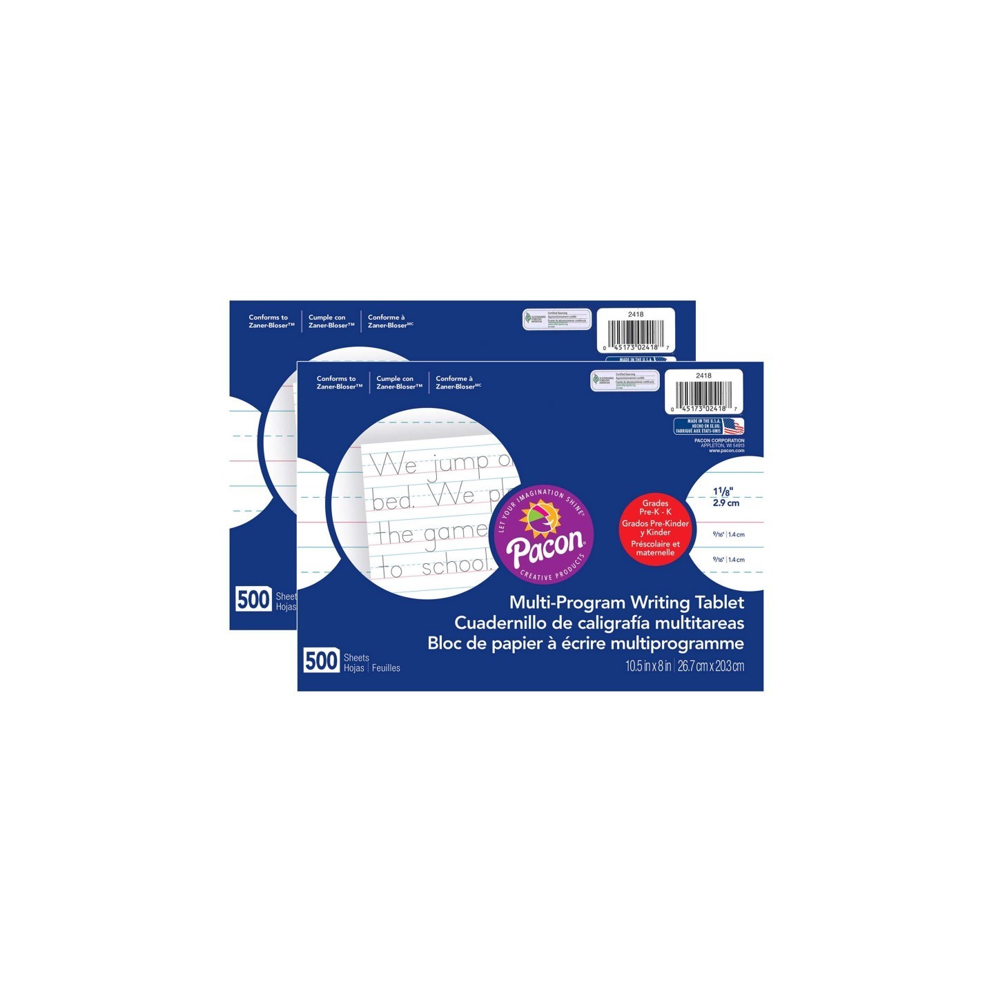 Pacon® Multi-Program Handwriting Paper, 1-1/8" Ruled (Long Way), White, 10-1/2" x 8", 500 Sheets Per Pack, 2 Packs