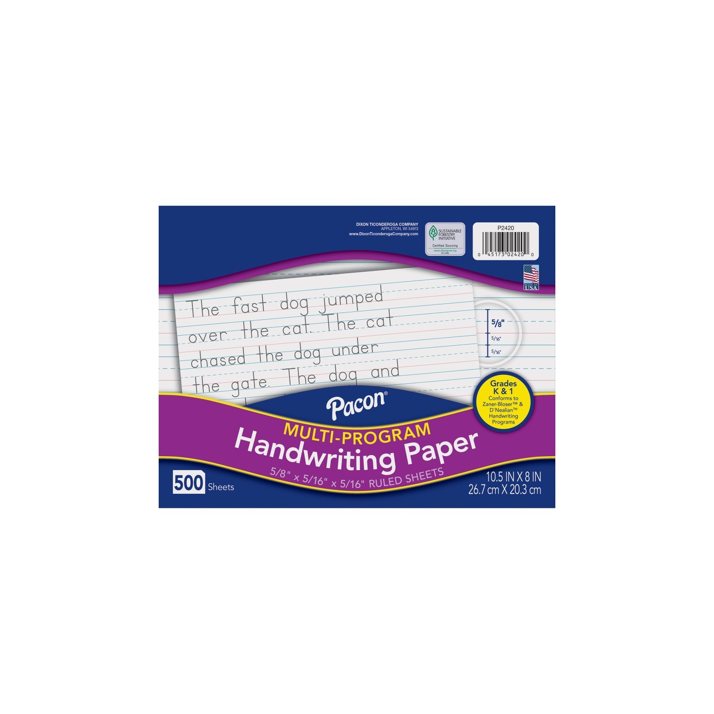 Pacon® Multi-Program Handwriting Paper, 5/8" Ruled (Long Way), White, 10-1/2" x 8", 500 Sheets