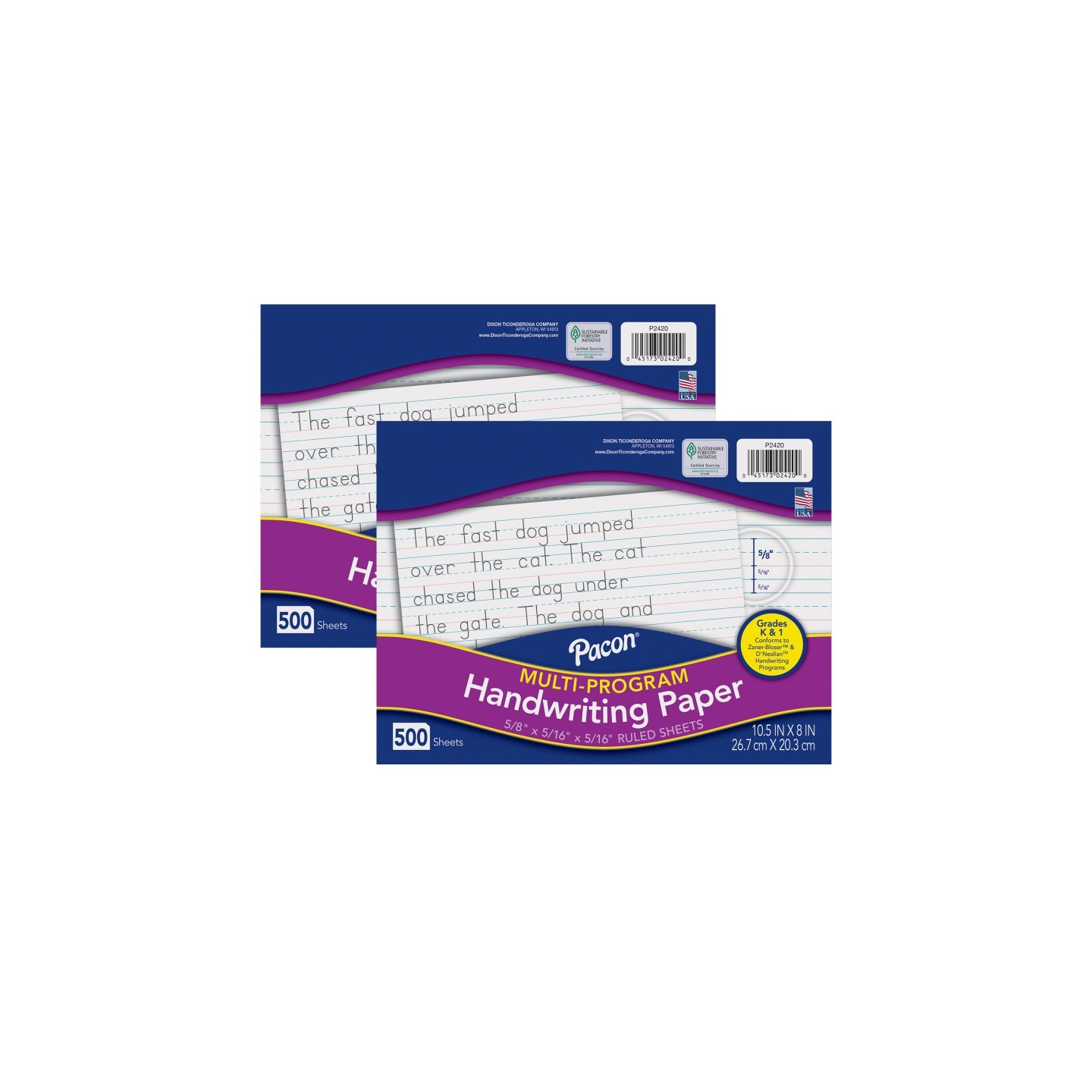 Pacon® Multi-Program Handwriting Paper, 5/8" Ruled (Long Way), White, 10-1/2" x 8", 500 Sheets Per Pack, 2 Packs
