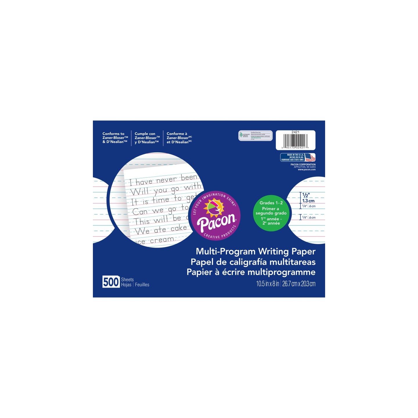Pacon® Multi-Program Handwriting Paper, 1/2" Ruled (Long Way), White, 10-1/2" x 8", 500 Sheets