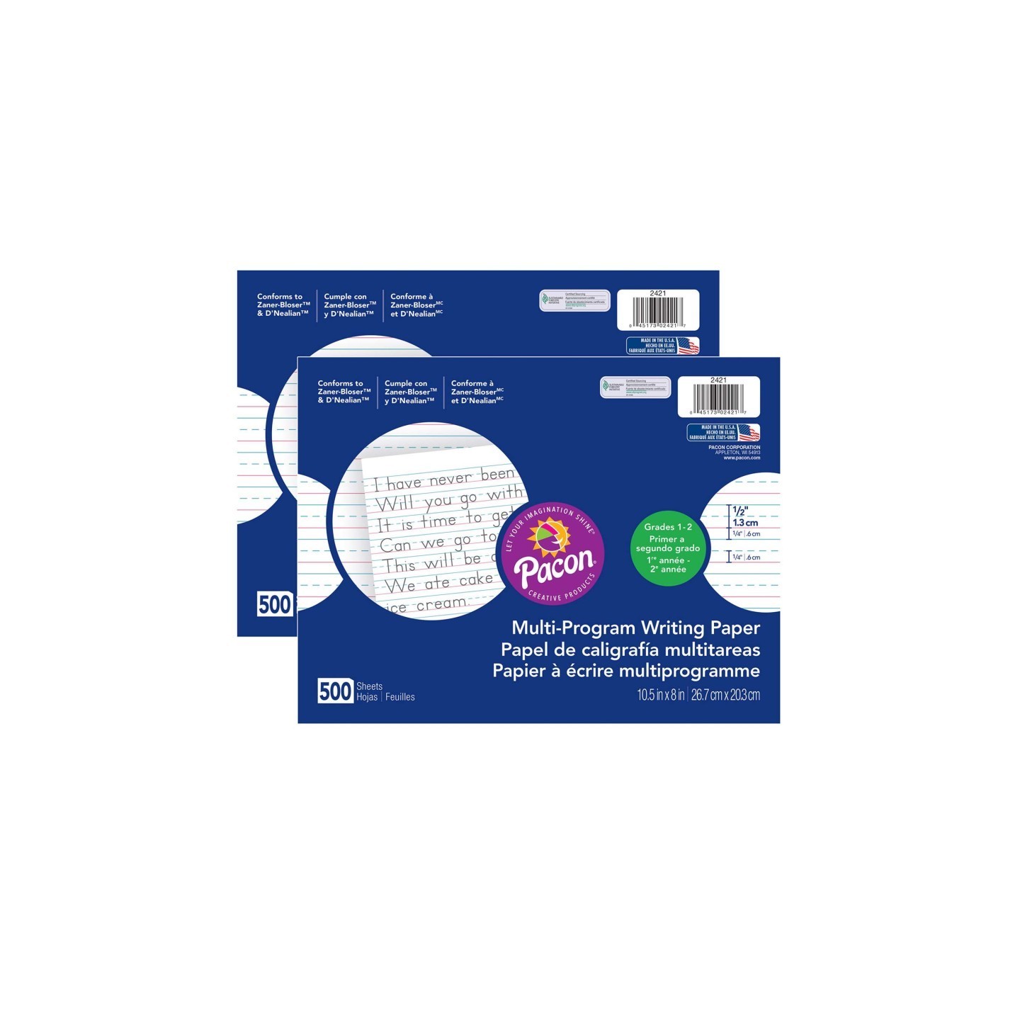 Pacon® Multi-Program Handwriting Paper, 1/2" Ruled (Long Way), White, 10-1/2" x 8", 500 Sheets Per Pack, 2 Packs