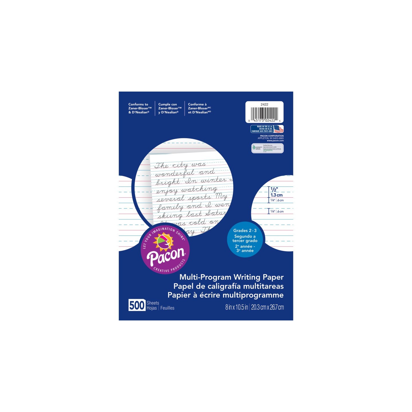 Pacon® Multi-Program Handwriting Paper, 1/2" Ruled (Short Way), White, 10-1/2" x 8", 500 Sheets