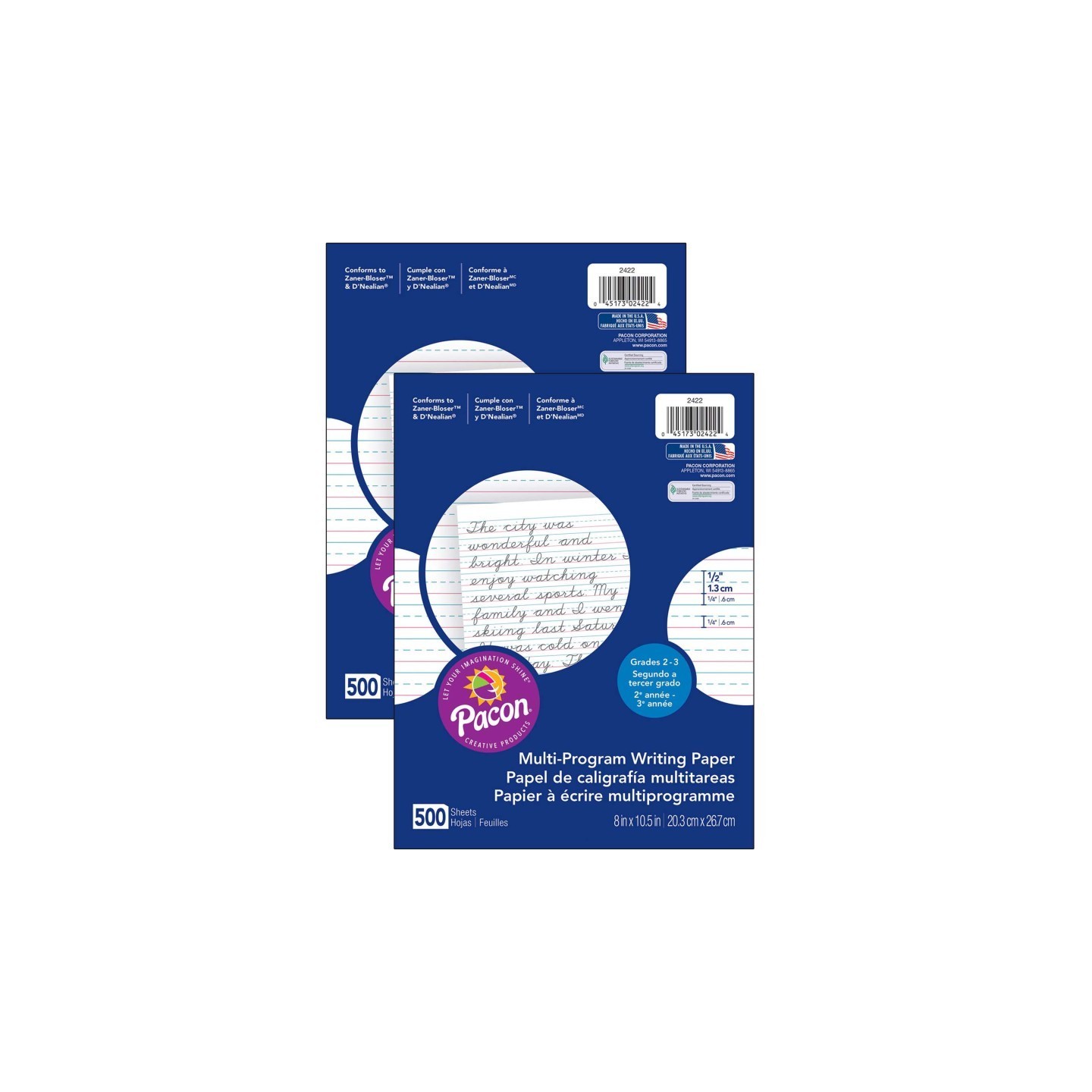 Pacon® Multi-Program Handwriting Paper, 1/2" Ruled (Short Way), White, 10-1/2" x 8", 500 SheetsPer Pack, 2 Packs