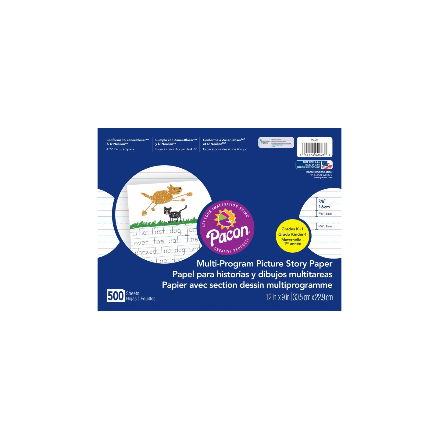 Pacon® Multi-Program Picture Story Paper, 5/8" Ruled, White, 12" x 9", 500 Sheets