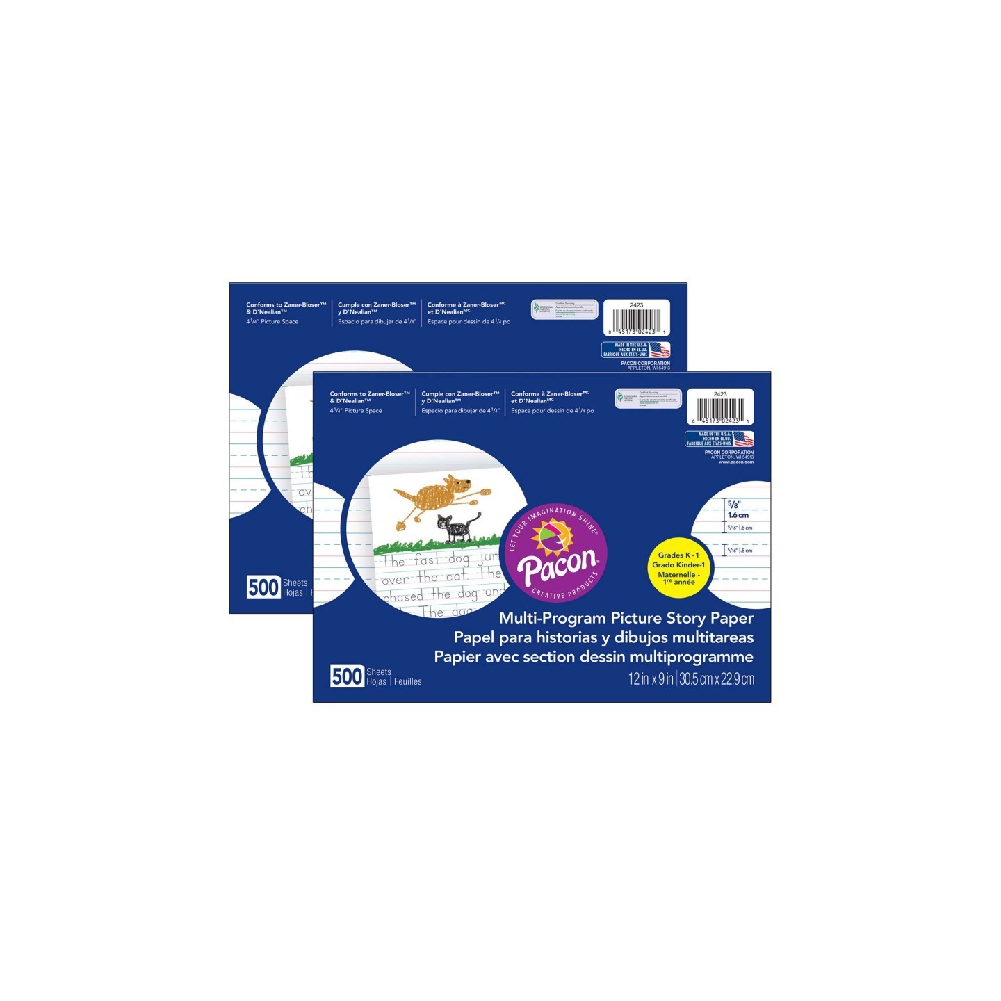 Pacon® Multi-Program Picture Story Paper, 5/8" Ruled, White, 12" x 9", 500 Sheets Per Pack, 2 Packs