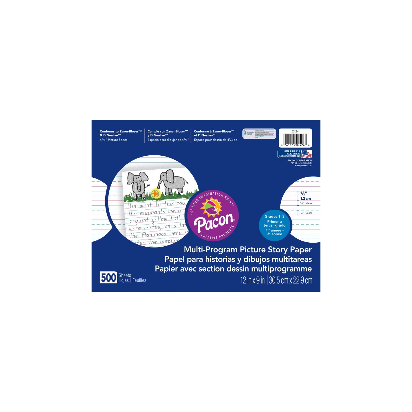 Pacon® Multi-Program Picture Story Paper, 1/2" Ruled, White, 12" x 9", 500 Sheets