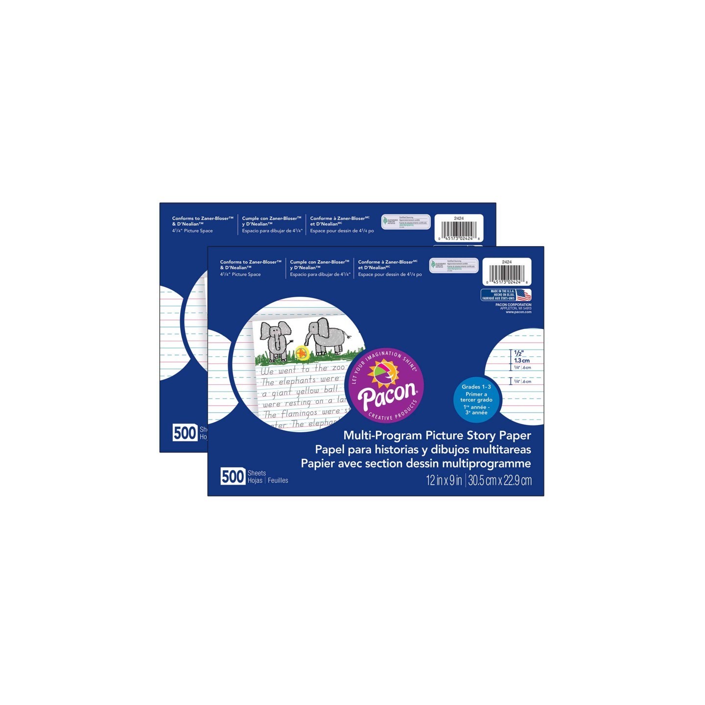Pacon® Multi-Program Picture Story Paper, 1/2" Ruled, White, 12" x 9", 500 Sheets Per Pack, 2 Packs